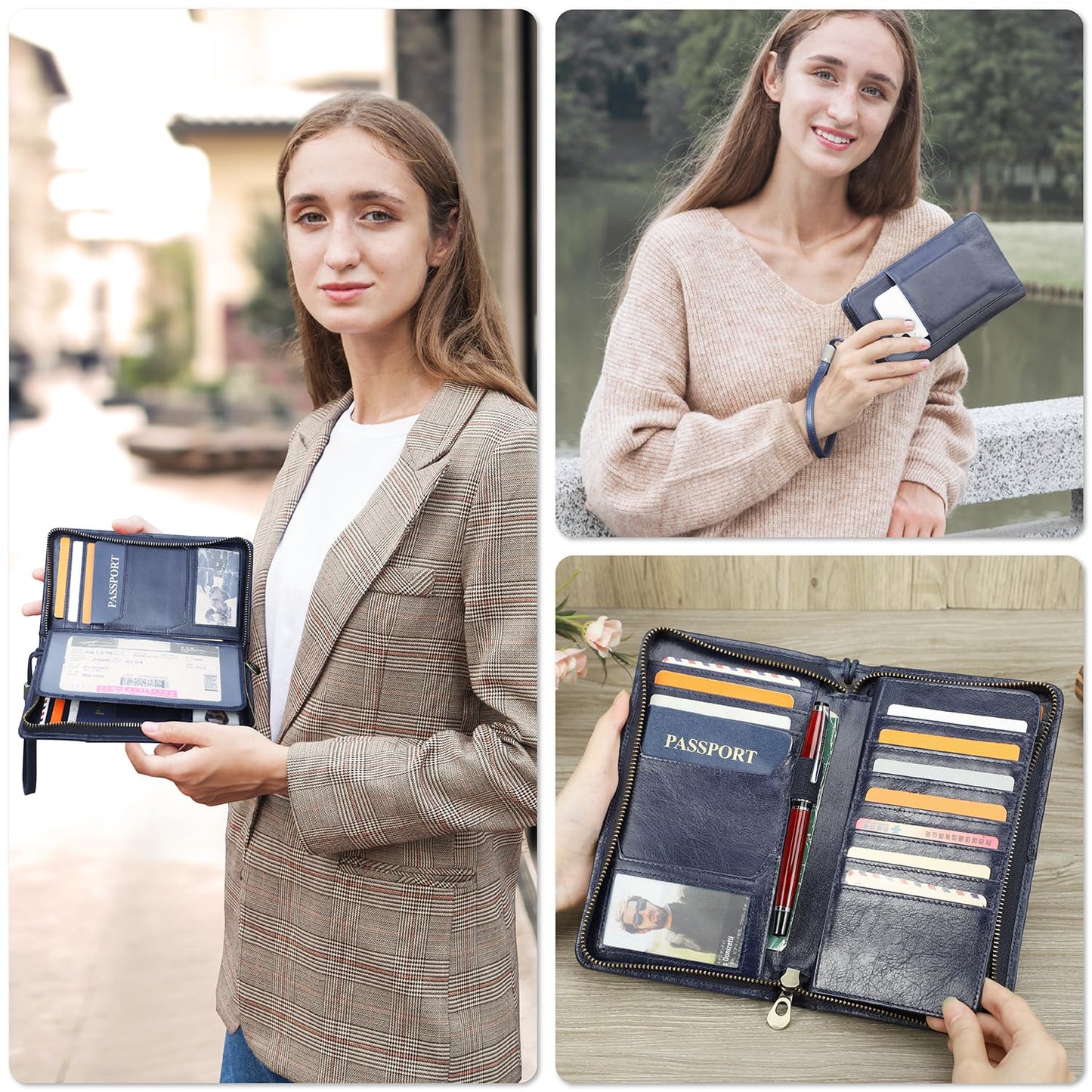 CataPurus Top Grain Leather Travel Passport Wallet Holder for Man & Woman, Handmade with Three-Layer for 4 Passports & Multi Cards, RFID Blocking Large Capacity for Cards/Passports/Tickets, Blue