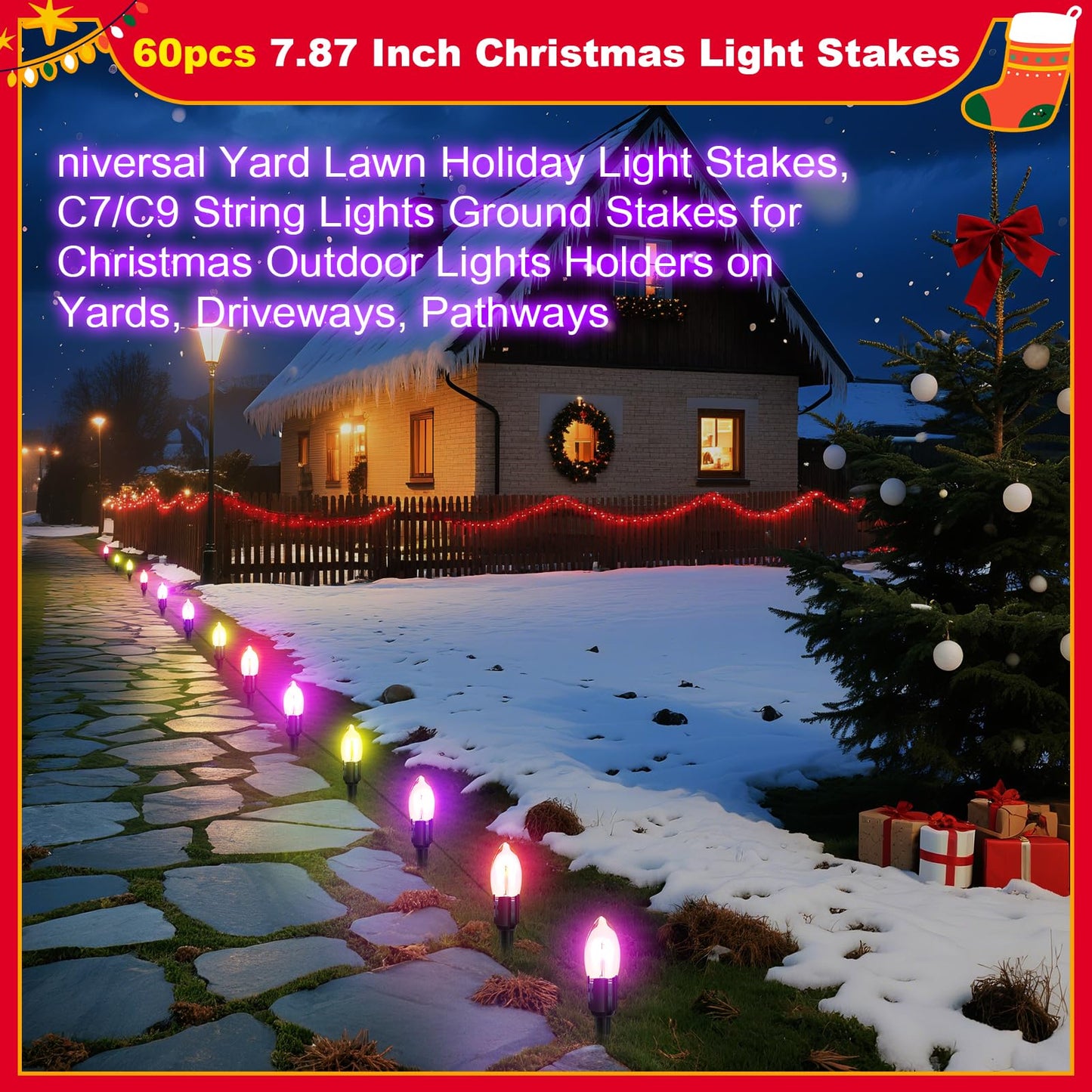 60 Pcs 7.5 Inch Christmas Light Stakes, Christmas Yard Stakes for C7 C9 Christmas Lights, Garden Path Walkway Holiday Decorations(Black)