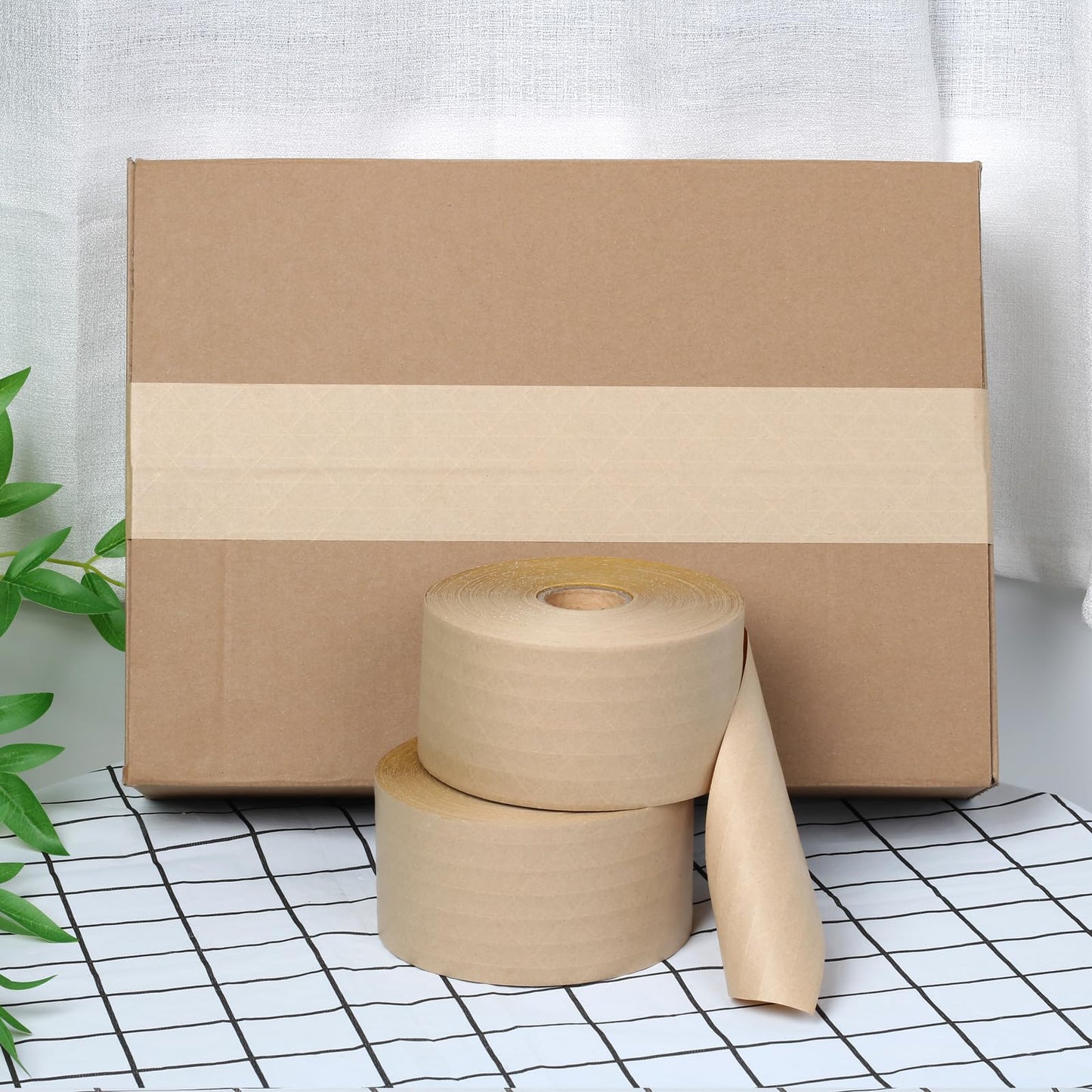 PAPEREZ Water Activated Tape Fiber Reinforced Packing Tape Kraft Tape 3”X 450 feet Per Roll Brown Tape Gummed Paper Tape for Heavy Duty Packaging and Shipping Writable Eco-Friendly Biodegradable