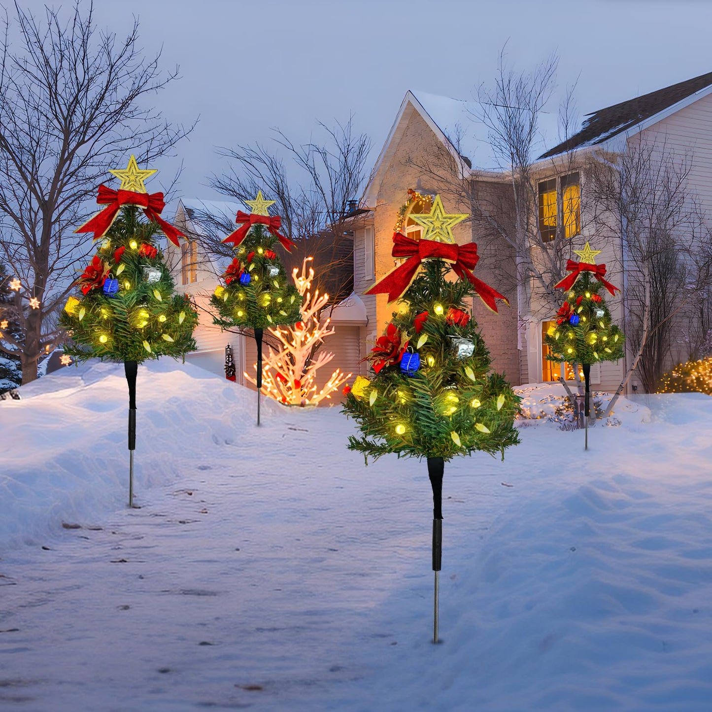 Tngan Solar Christmas Tree Pathway Lights Outdoor, Set of 4 Solar Christmas Tree Stake Lights, 80 Outdoor LEDs Xmas Decor, Christmas Decor DIY Xmas Tree Gift (Warm White)