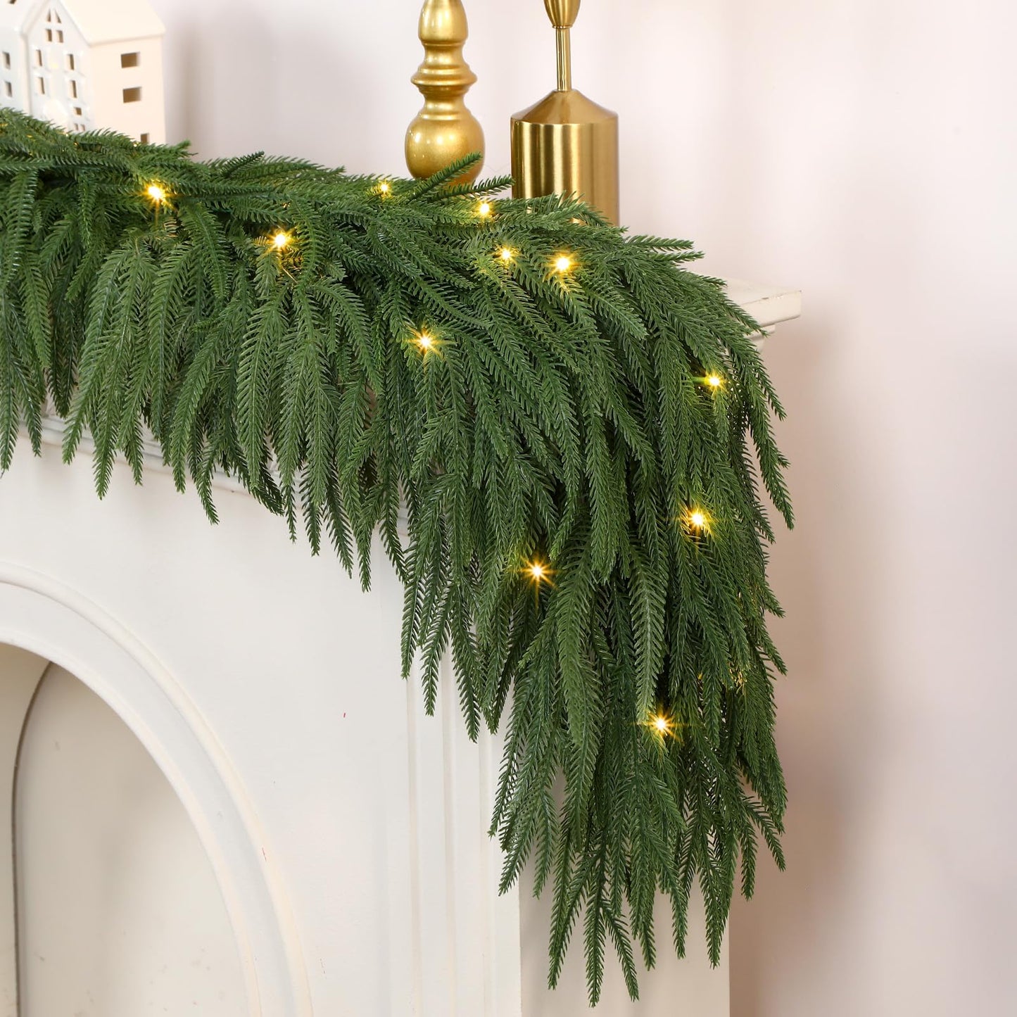 9ft Artificial Christmas Garland with Lights, Real Touch Norfolk Pine Garland - Pine Garlands, Prelit Green Christmas Garland for Mantle, Table, Fireplace, Indoor, Outdoor Christmas Decorations