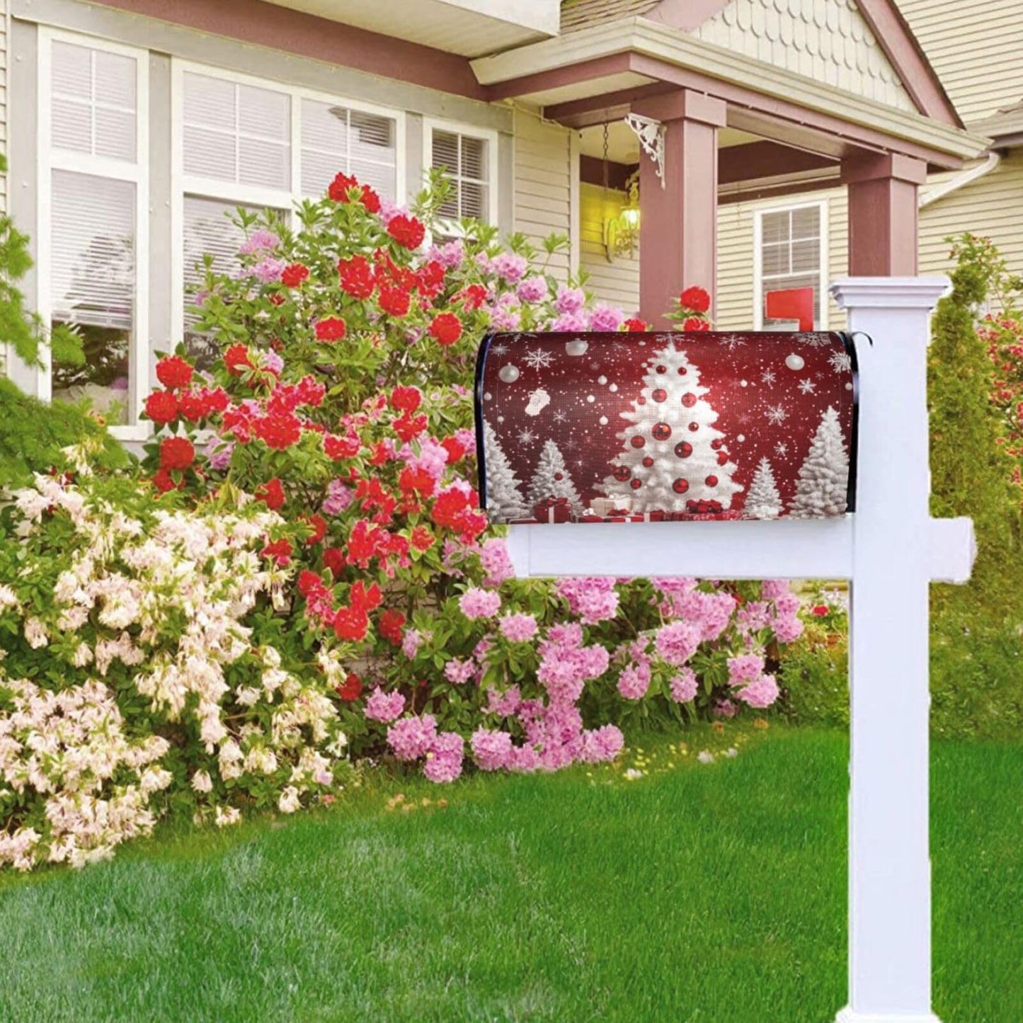 Festive Magnetic Mailbox Cover Red Christmas Tree Pattern Outdoor Mailbox Protector Holiday Seasonal Decorative Garden Yard Home Large Size 25.5 x 21 Inch