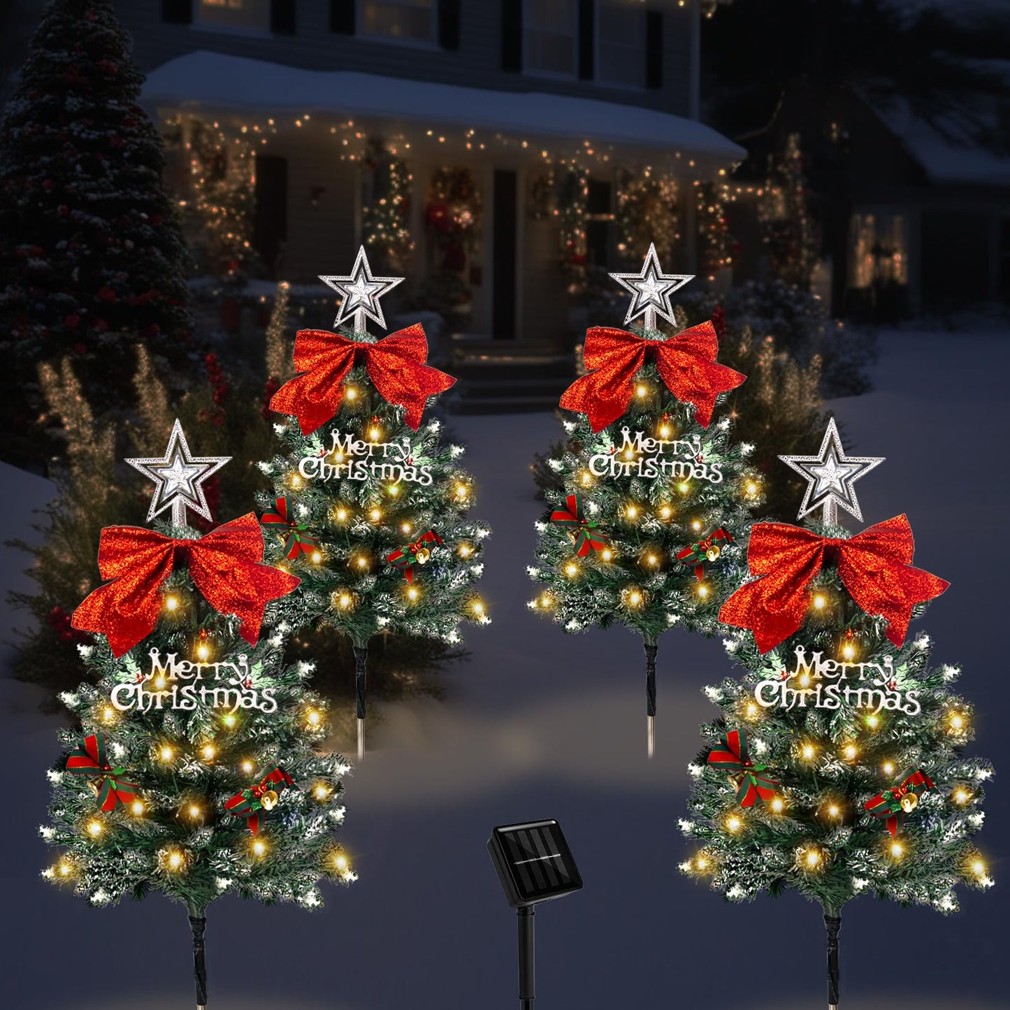TAILERRI Christmas Tree Solar Pathway Lights, Waterproof Outdoor Decorations, Mini Xmas Tree Stake Lights with DIY Ornaments for Garden, Yard, Porch (Snowy Tree, 4 Pack)
