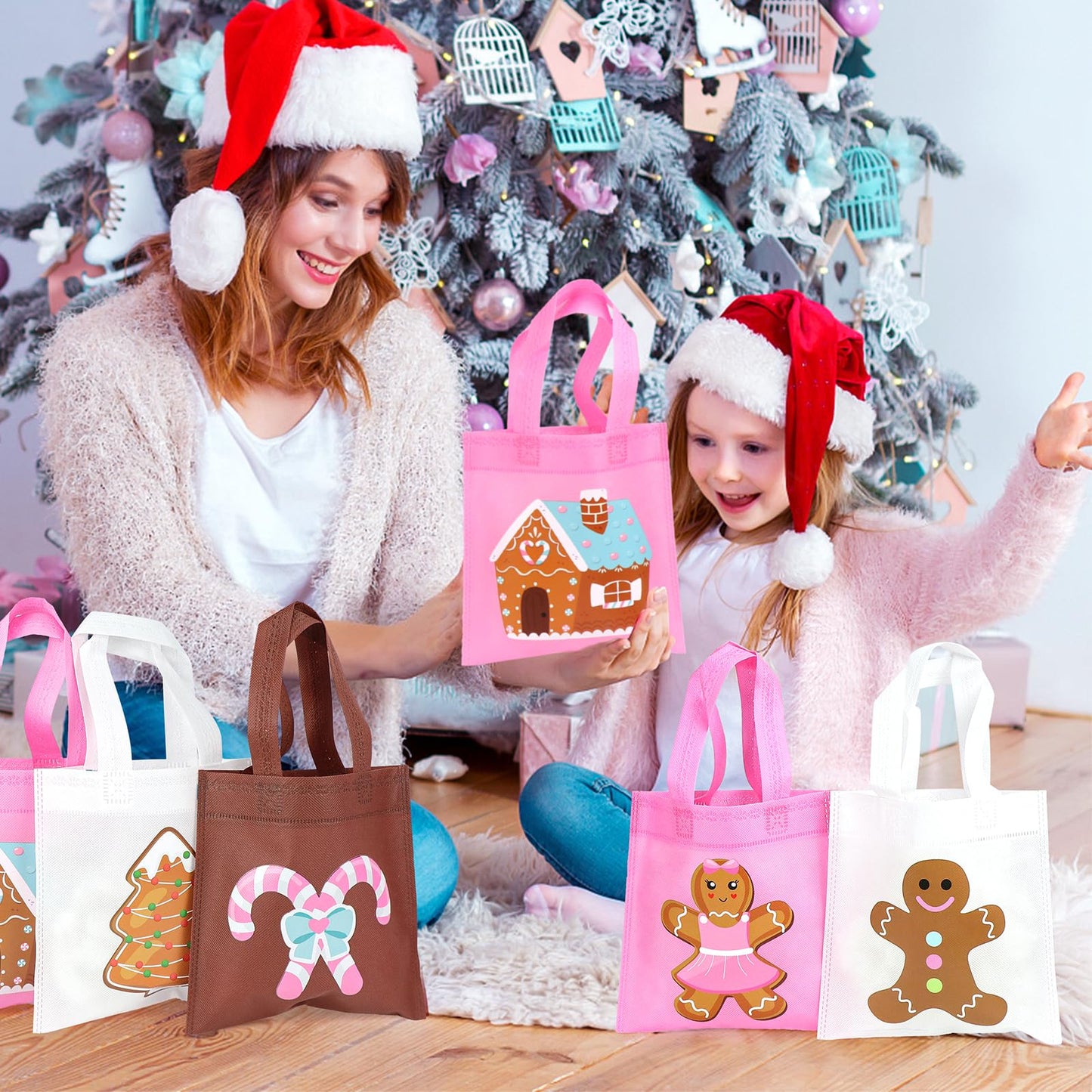 K KUMEED 20Pcs Christmas Party Favor Bags,Gingerbread Man Theme Party Gifts Bags Reusable Pink Candy House Birthday Party Bags with Handles for Girls Christmas Party Supplies Baby Shower