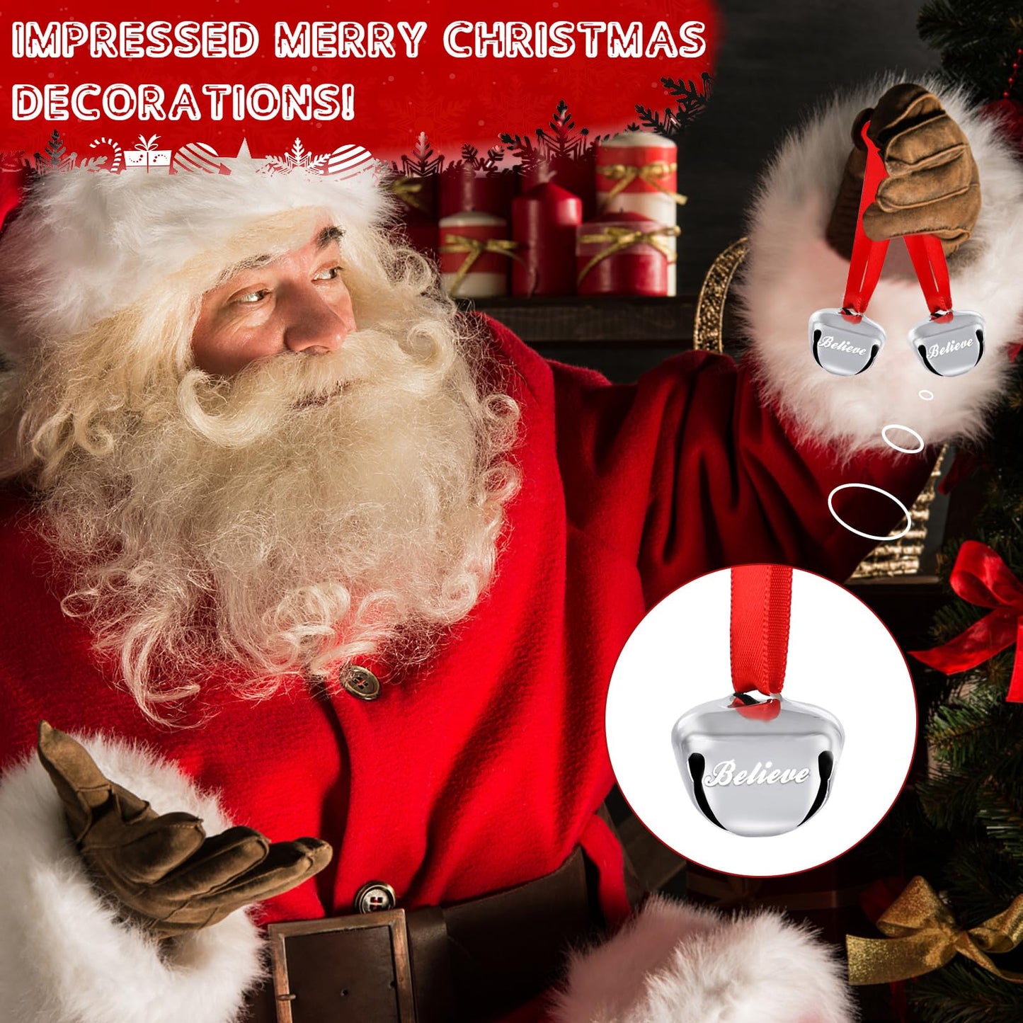 Christmas Believe Bell Ornaments, Polar Express Bell, Silver Sleigh Bell, Christmas Tree Bell Decoration Holiday Treat Gifts for Kids & Adults