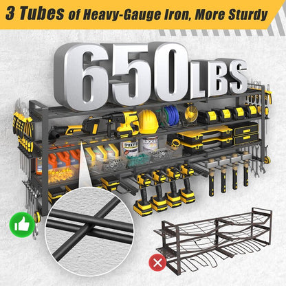 Jusgym Large 49''W Power Tool Organizer Wall Mount |650lbs Tool Garage Storage Rack with 12 Cordless Drill Holder |4-Tier Heavy Duty Garage Organization |Gifts for Men