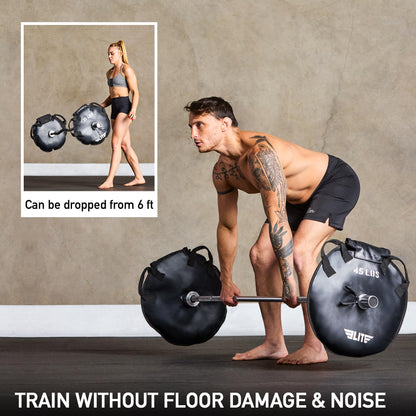 Elite Sports Unfilled Workout Sand Plates (Set of 2) Olympic Weight Plates for Barbell Training, Drop-Proof Waterproof TPU Material, 10/15/25/35/45 LB, Strength, Home Gym and Functional Fitness
