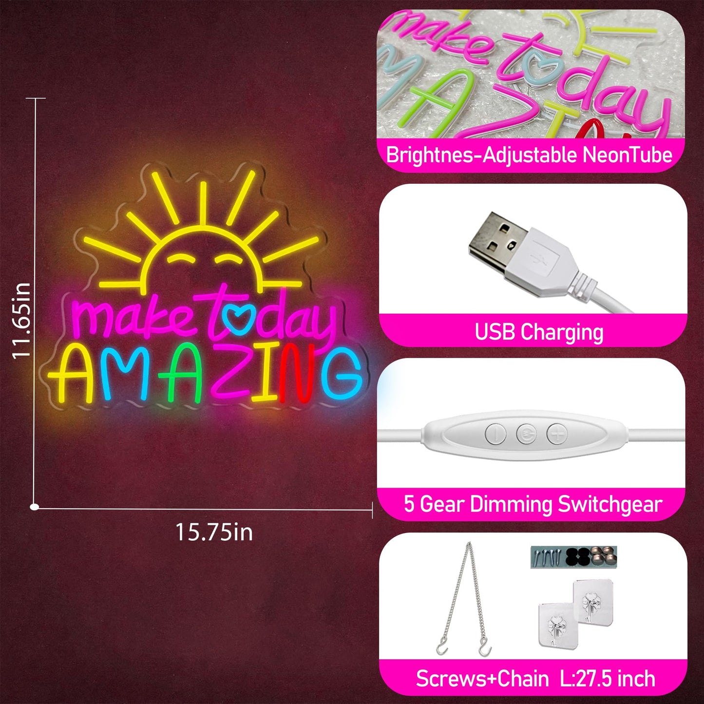 Make Today Amazing Neon Sign, Cool Sunrise Dimmable Neon Light Up Inspirational Slogan Boho Hanging Wall Art Decor LED Sign for Dormitory Room Cafe Club Wedding Gym Party Birthday Christmas Gift