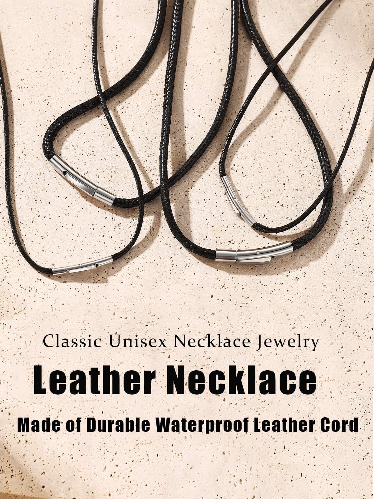 Bestyle 2MM Black Leather Necklace for Men Women,Waterproof Wax Woven Rope Chain with Stainless Steel Clasp, Leather Cord Necklace for Pendants 16"