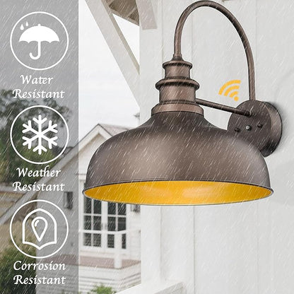 Bestshared 16 Inch Dome Large Dusk to Dawn Gooseneck Barn Light Anti-Rust Farmhouse Outdoor Wall Sconce Industrial Outdoor Wall Lights Exterior Lighting Fixture,Garage Lamp(ORB+Gold, 16” Dome-1Pack)
