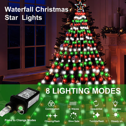 Christmas Decoration Lights, Outdoor Christmas String Lights 320 LED 11.5 Ft Waterfall Tree Light with Big Star Topper 8 Light Modes for Xmas New Year Holiday Garden Yard Indoor Outdoor Decor