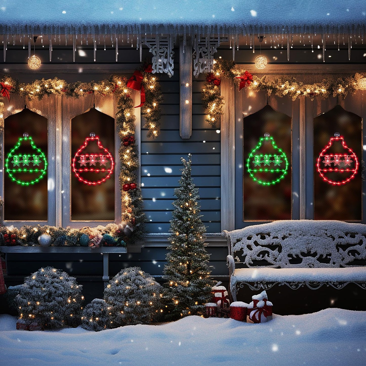 Hiboom 2 Pcs Christmas Window String Lights Decorations, 8 Modes Giant Green and Red LED Christmas Ball Window Lights with Snowflake, USB Powered and Remote Timer for Xmas Indoor Party Decor