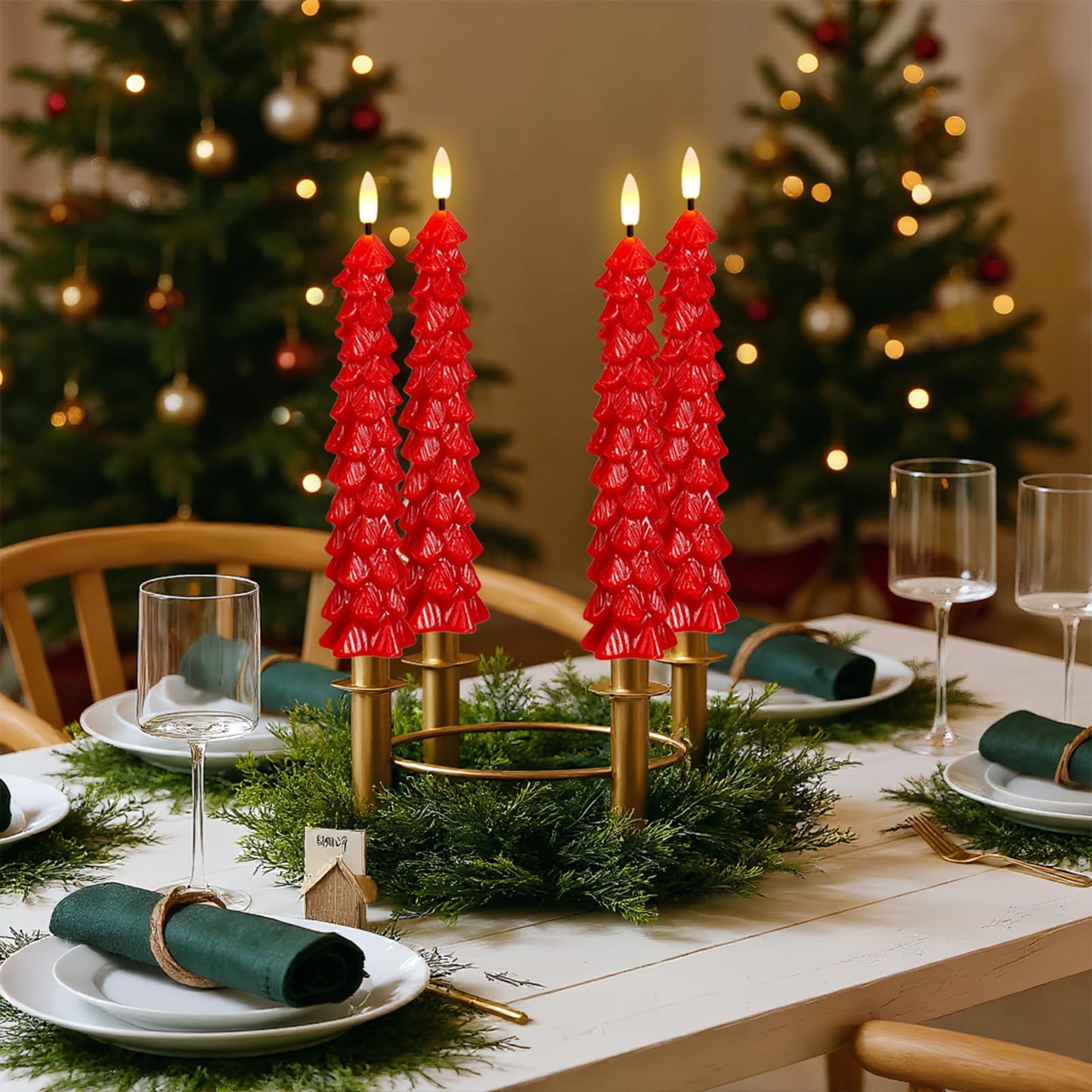KunSwenn Christmas Tree Candles Battery Operated, Red Waxy Christmas Tree Flameless Taper Candles with Remote Timer, Set of 4 LED Flameless Candlesticks for Xmas Holiday Home Winter Decor(0.78”x9.8”)