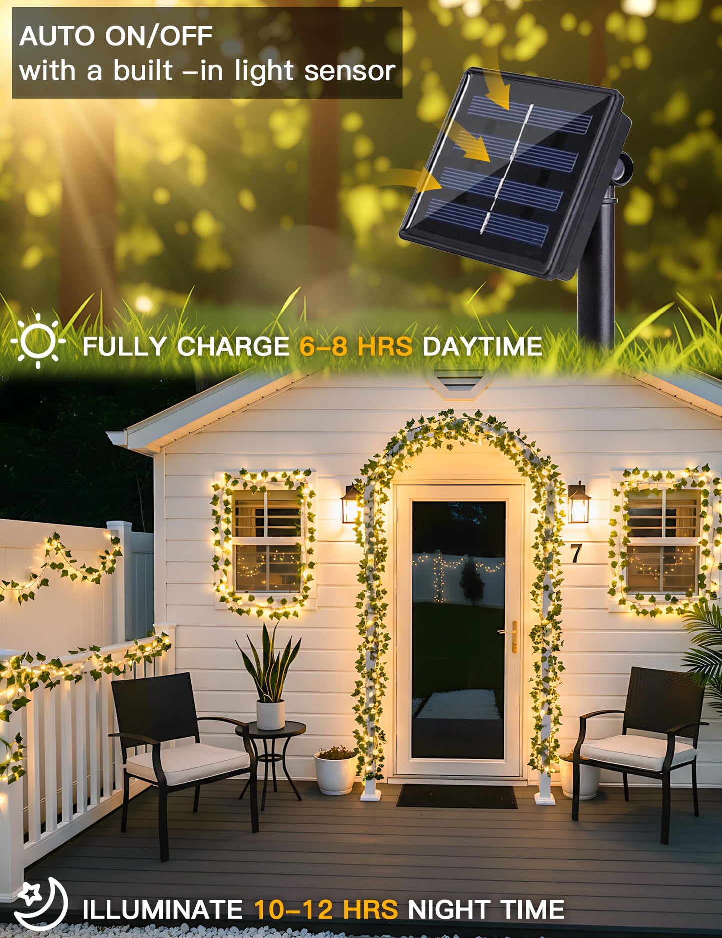 suddus Solar Ivy String Lights Outdoor Waterproof, 33Ft 100 LED Fake Vines with Lights, Artificial Greenery Leaf Fairy Light for Privacy Fence, Wall, Patio, Garden, Balcony Decor (Warm White)