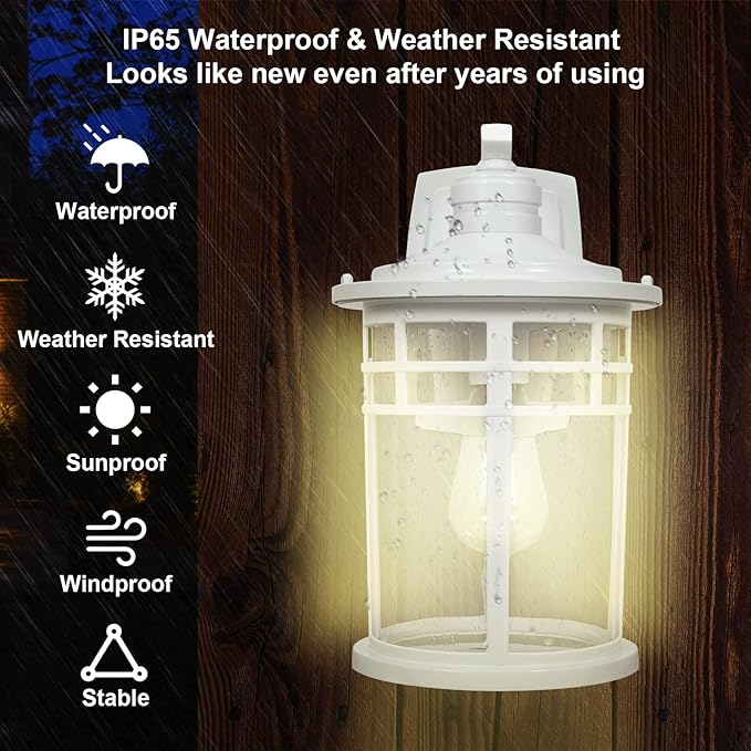 Darkaway Large Outdoor Porch Lights Wall Mount, 15inch Outdoor Wall Sconces with Seeded Glass Waterproof Exterior Lights for Patio Yard House Hallway Doorway Garage(Large, White)
