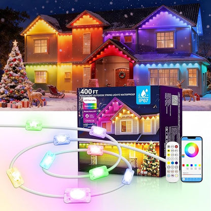 400FT Christmas Permanent Outdoor Lights,RGB+IC Eaves Lights with App & Remote Control,DIY Multi-Color Scene Modes,IP67 Waterproof,Outdoor Strings for House,Holiday Decorations for Christmas