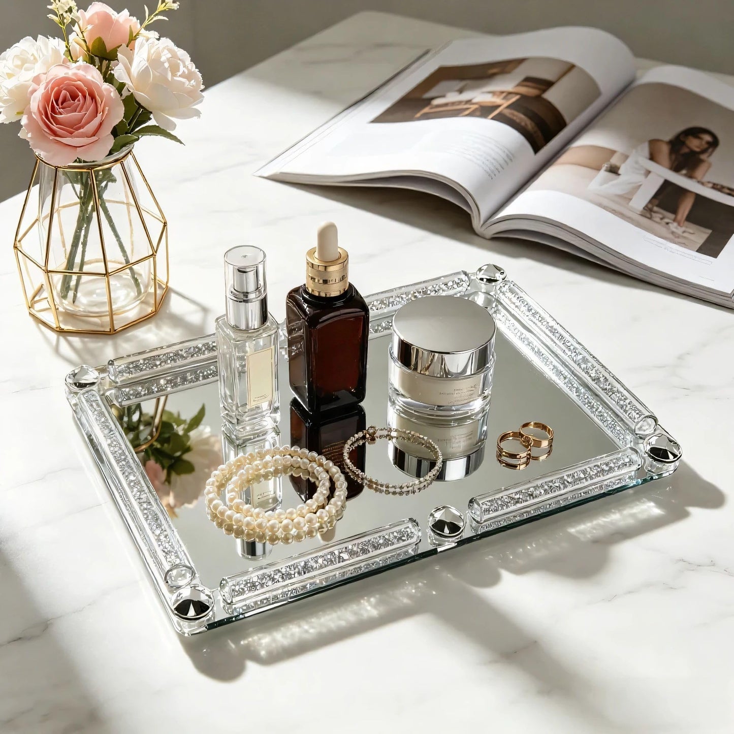 HMRCYTE Crystal Glass Tray, 11.8" x 7.9" Crushed Diamond Silver Mirror Perfume Makeup Display Tray, Noble Jewelry Trinket Vanity Trays, Ornate Rectangular Cosmetics Dresser Decoration for Home Decor