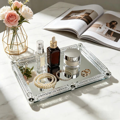 HMRCYTE Crystal Glass Tray, 11.8" x 7.9" Crushed Diamond Silver Mirror Perfume Makeup Display Tray, Noble Jewelry Trinket Vanity Trays, Ornate Rectangular Cosmetics Dresser Decoration for Home Decor
