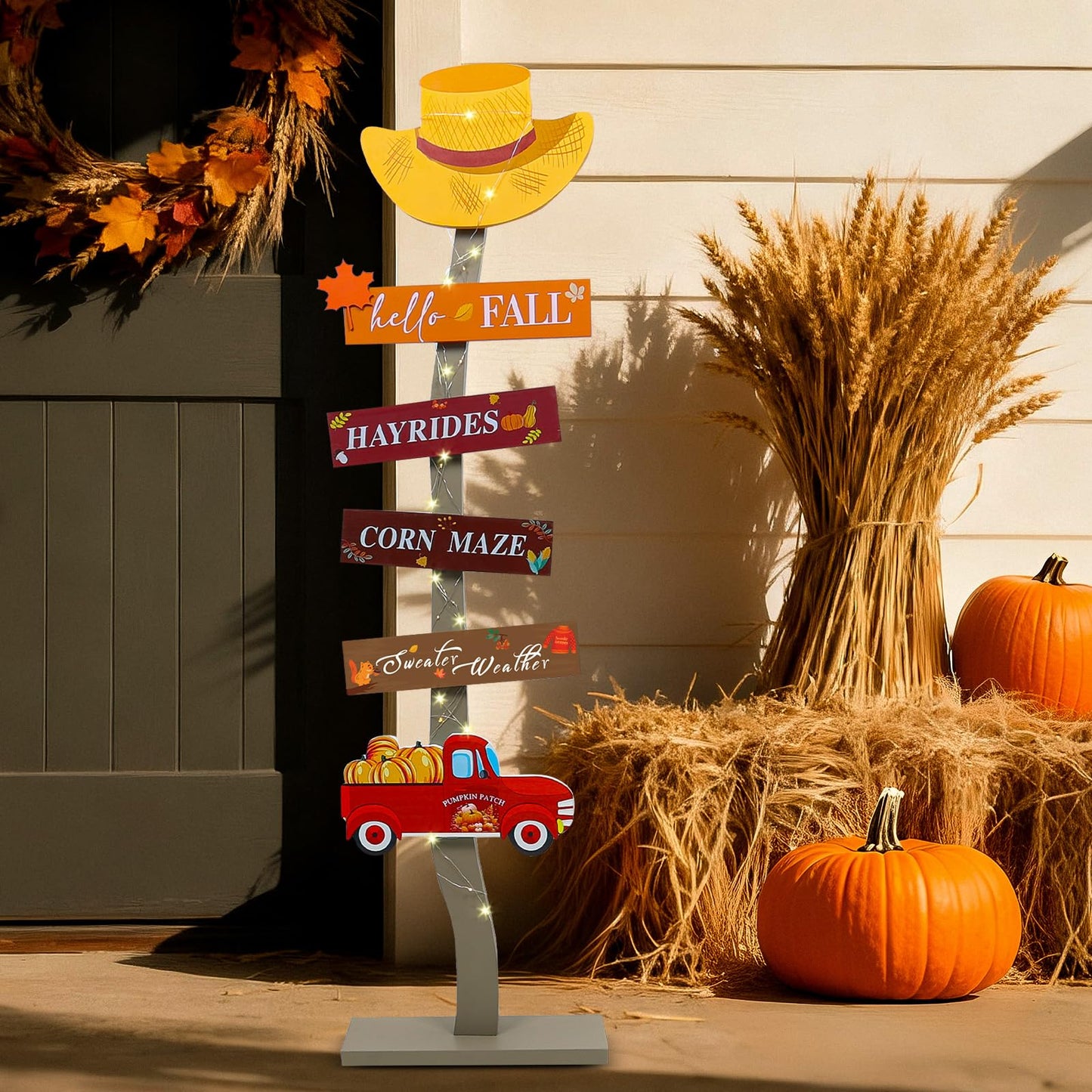 Lighted Wood Hello Fall Porch Sign,Fall Welcome Porch Decor,Autumn Maple Pumpkin Truck Sweater Weather Standing Wooden Signs for Harvest Thanksgiving Decor