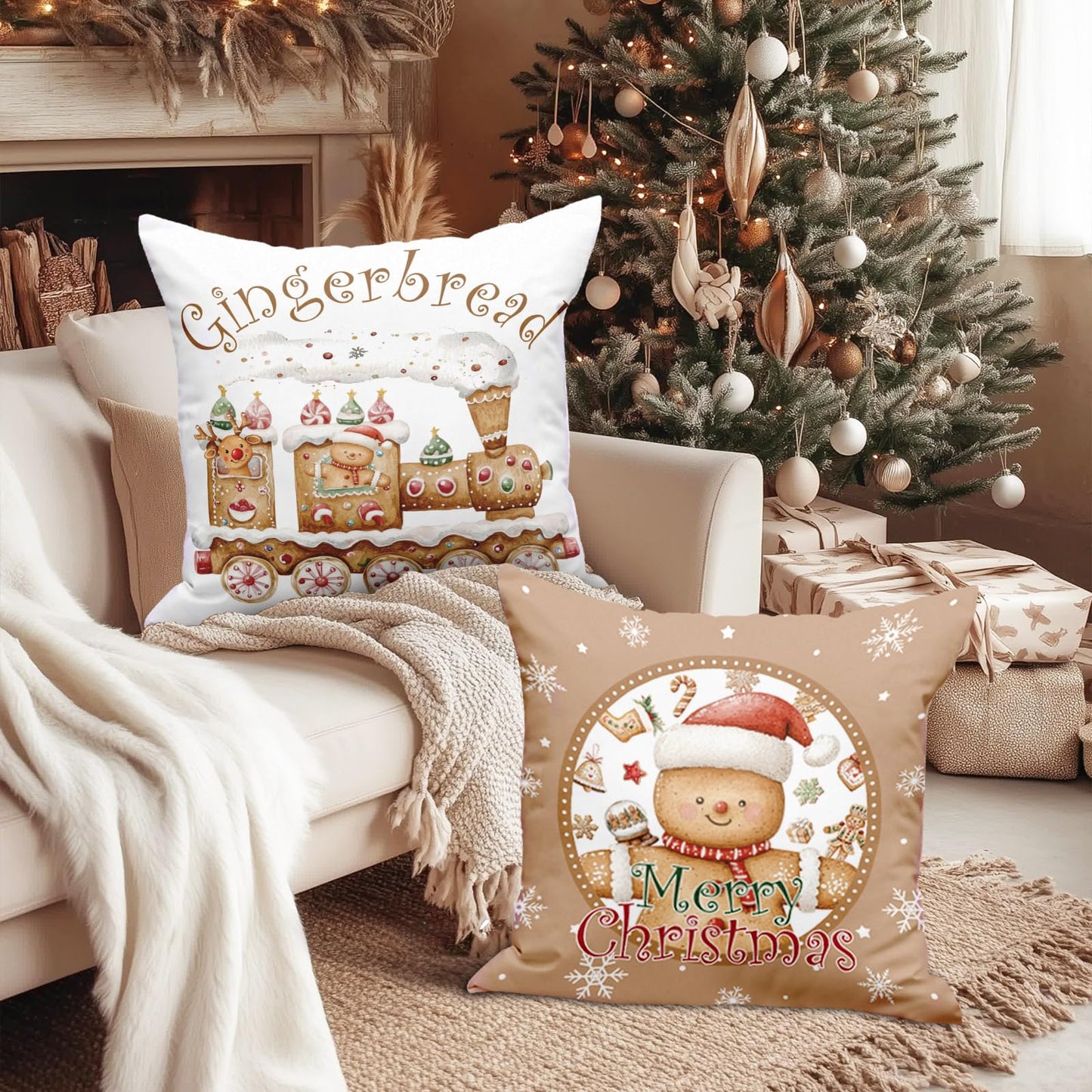 Lanpn Christmas Throw Pillow Covers 18x18 Set of 4, Gingerbread Man House Pillow Covers Christmas Pillowcase Decorative Cushion Cover for Home Bedroom Couch Sofa Decor (Brown)