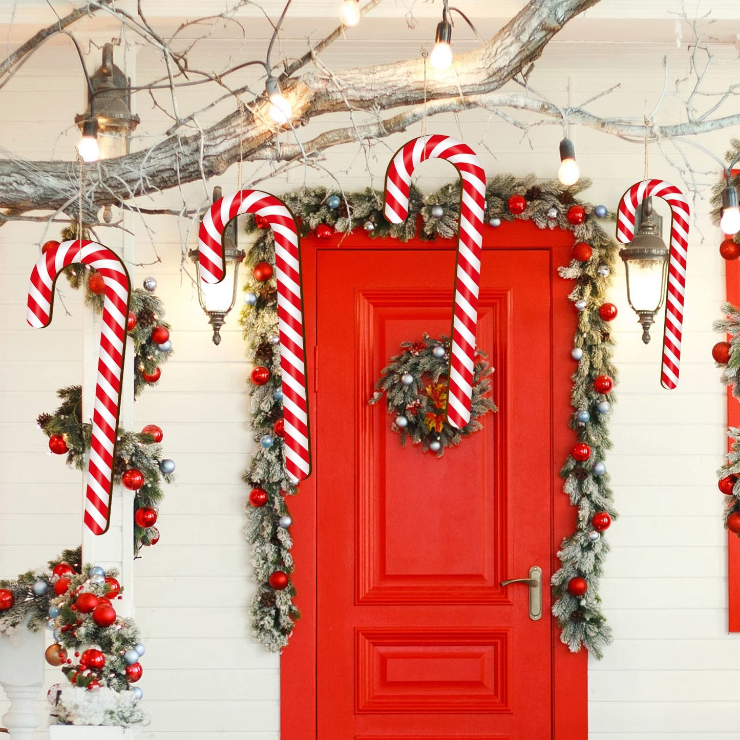 Large Size 4 Pcs 11.8 Inch Christmas Large Candy Canes for Tree Decorations Red and White Giant Candy Cane Props Bulk Xmas Hanging Ornaments Rustic Wood Flat for Party Supplies DIY Crafts Photoshoot