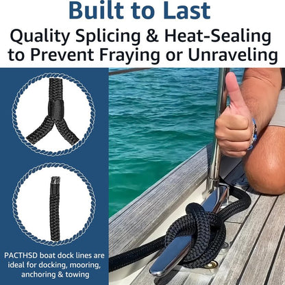 PACTHSD 4 Pack 3/8" x 20' Dock Lines - Marine Grade Nylon Boat Rope with 12" Loop for Docking and Mooring - Double Braided Boat Lines, High Strength, Easy Handling, Fray Resistant - Black