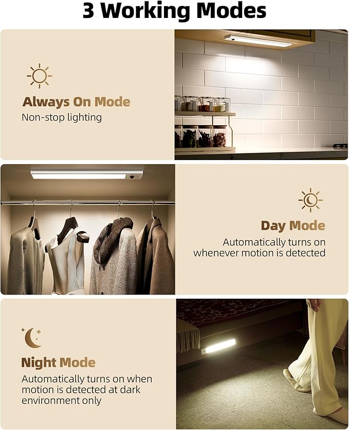 EZVALO 12inch Under Cabinet Lighting Wireless with Battery Indicator, 2500mAh Rechargeable Motion Sensor Light Indoor, 96 LED Under Counter Lights for Kitchen Closet, 3 Color Temps, Dimmable, 6 Pack