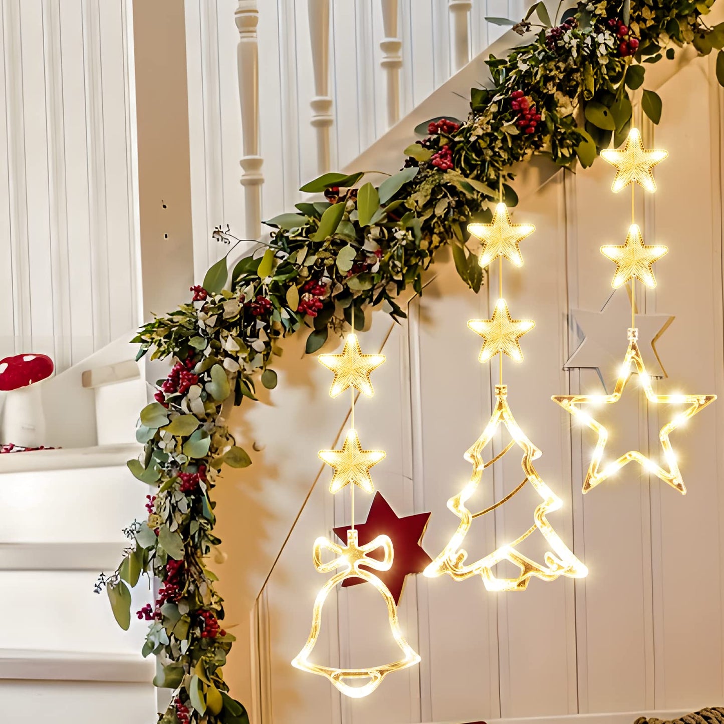LYUBASA [Timer 3Pcs Christmas Window Lights Decorations,Battery Powered Christmas Hanging Warm White Lighted Tree Bell Star Shaped LED Sucker for Xmas Tree Fireplace Indoor Outdoor Decor