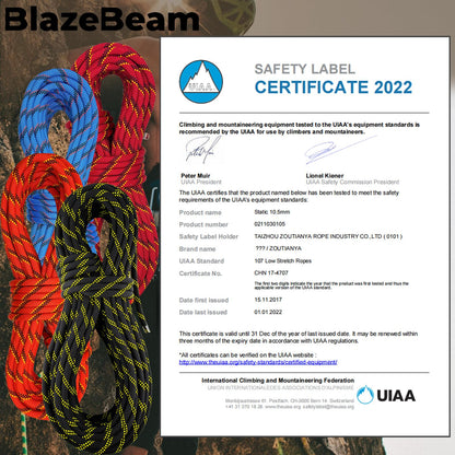 BlazeBeam Static Climbing Rope 10.5mm UIAA Static Line Rappelling Rope 45M (150ft) Nylon Kern Mantle Rope for Escape Rope Rock Climbing, Mountain Tree Climbing, Hauling, Rescue