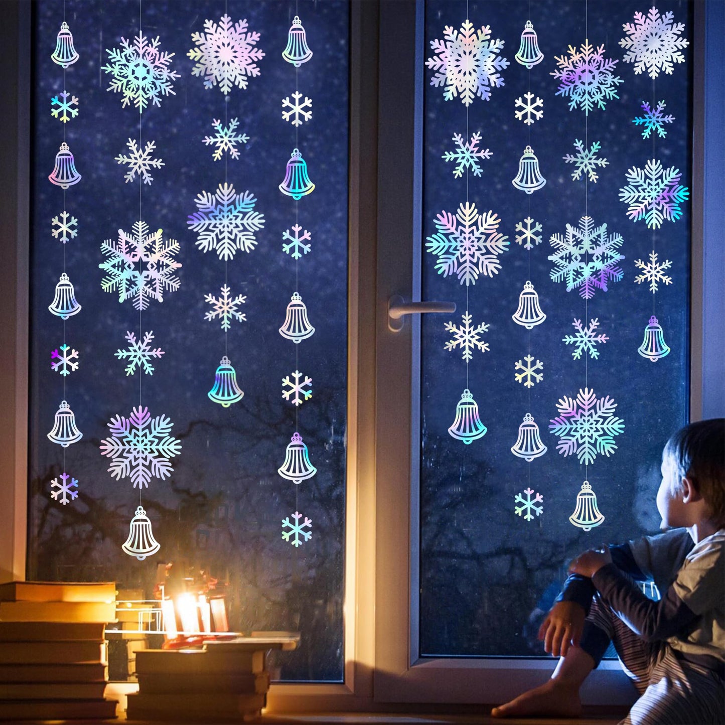 40 Ft Snowflakes Party Decorations Iridescent Snowflakes Bell Garland Holographic Big Snowflakes Hanging Streamer Backdrop for Winter Wonderland Christmas Holiday Birthday Home Window Wall Room Decor