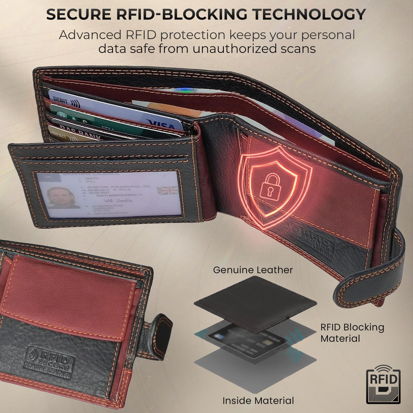 MORUCHA RFID Blocking Genuine Leather Wallet for Men – Slim Bifold Bull Leather Wallet with Coin Pocket, ID Window, 8 Card Slots – Premium Black/Brown Luxury Gift Box (Model #M75)