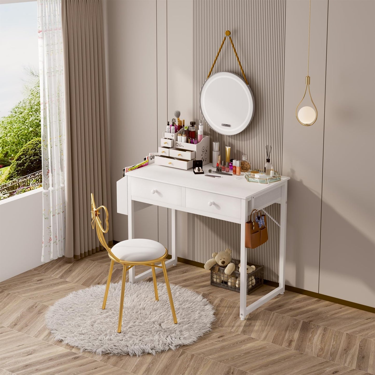 Lufeiya Small White Kids Desk with Drawers for Bedroom, 32 Inch Home Office Desks with Fabric Storage Drawer and Bag, Study Writing Vanity Table for Small Spaces, White