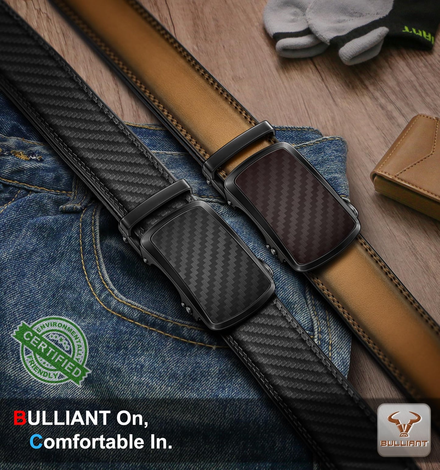 BULLIANT Men's Ratchet Belt 2 Pack-Click Leather Belt Adjustable for Men Gift 1 3/8-Cut for Perfect Fit(Black/Tawny,32"-38" Waist Adjustable)