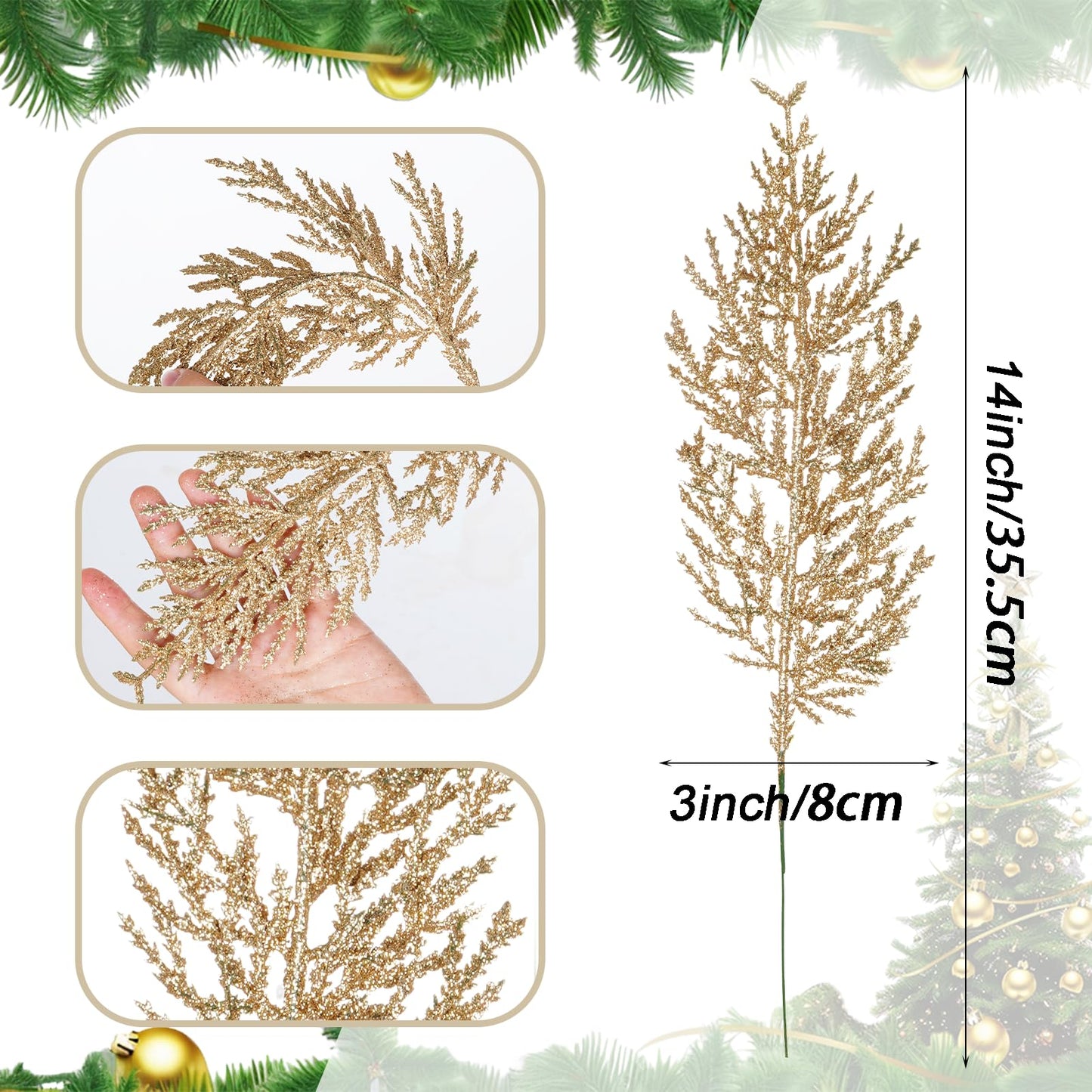 Jmkcoz Christmas Artificial Glitter Pine Tree Twig Ornaments, Xmas Picks Decorative Sticks Glittery Stems Branches for Christmas Tree Topper Wreath Vase Bouquet Floral Wedding Party (24, Champagne)