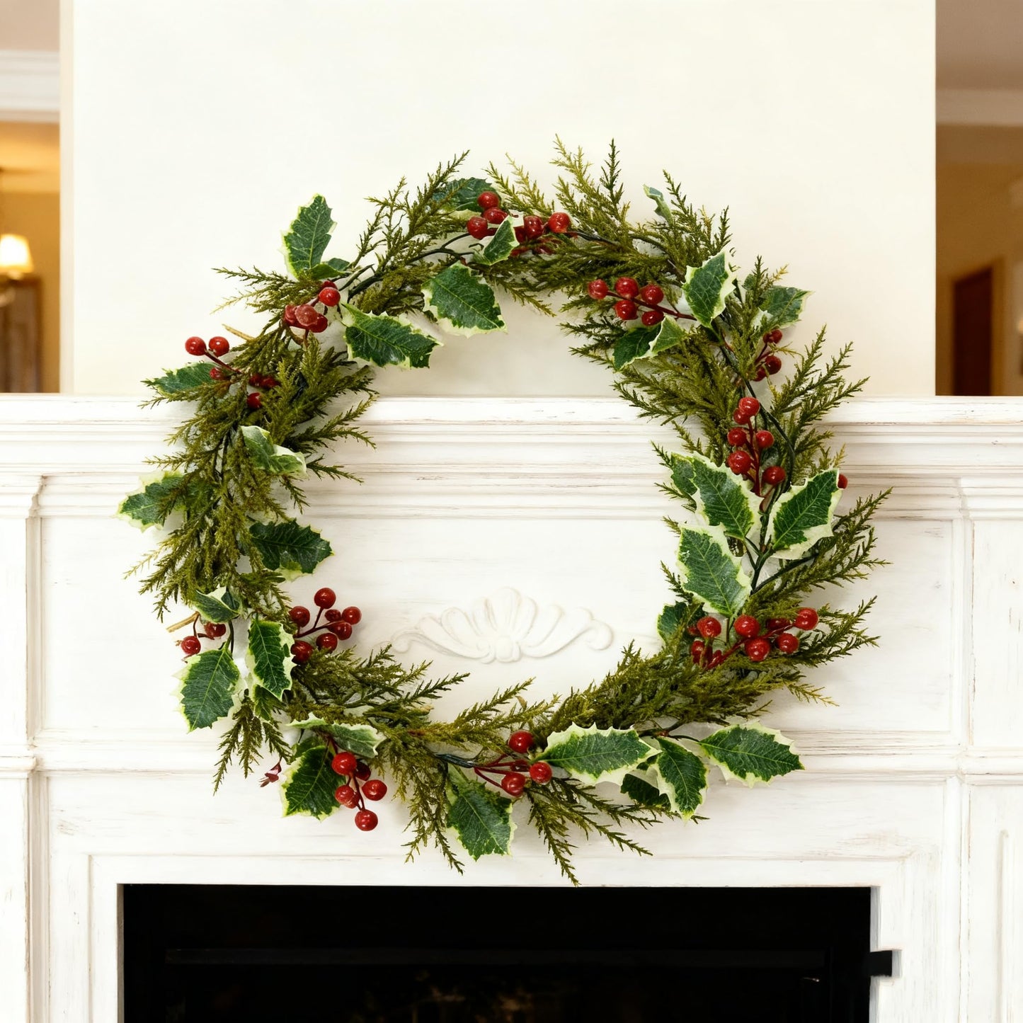 2Pcs 5.7Ft Artificial Christmas Garlands, Red Berry Greenery Leaves Xmas Garland for Mantel Fireplace Holiday Winter Xmas Decor