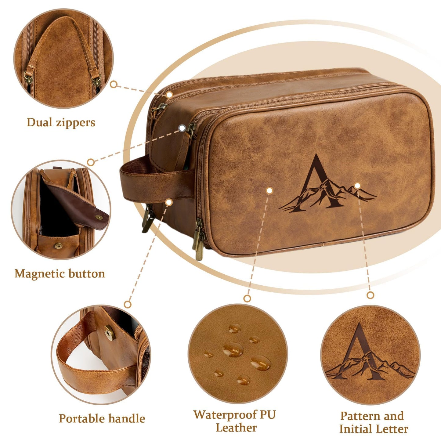 Janhavi Travel Essentials Toiletry Bag, Waterproof PU Leather Initials & Mountain, Groomsmen Gifts, Men's Accessories Organizer, Travel Bags for Men, Gifts for Men(Brown T)