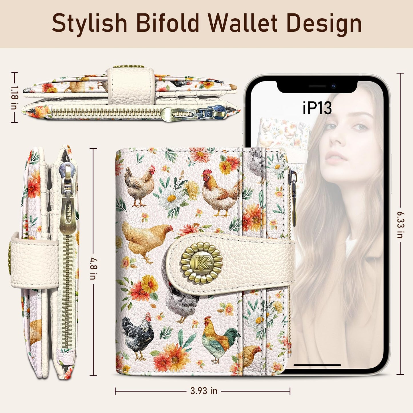 Kelvoris Roosters Chicken Small Rfid Women Wallet Bifold Zipper Coin Pocket PU Leather Compact Cash Credit Card Holder Travel Wallet for Female Ladies Teen Girls 1 ID Window 10 Card Slots