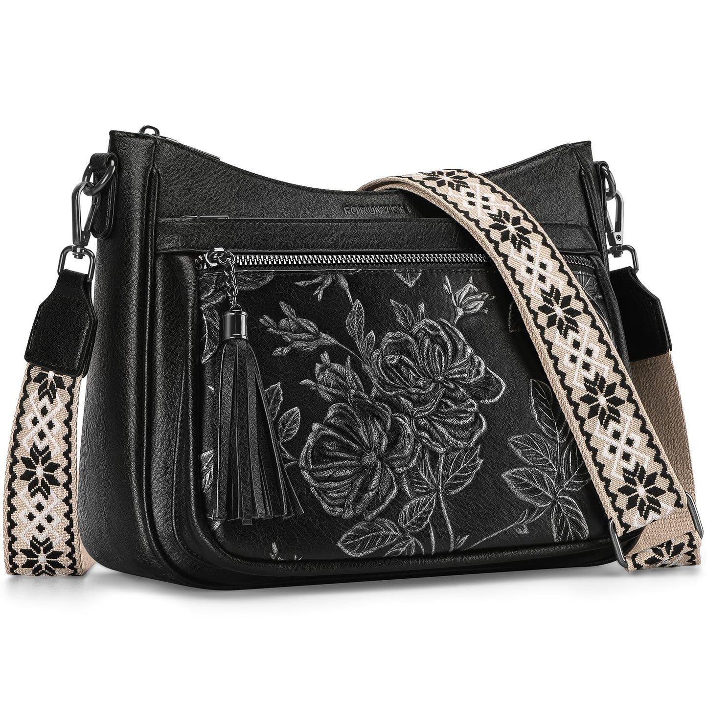FORUWISH Crossbody Bags for Women, Black Silver Vegan Leather Medium Crossbody Purse, Spacious Daily Travel Shoulder Bag with Boho Strap
