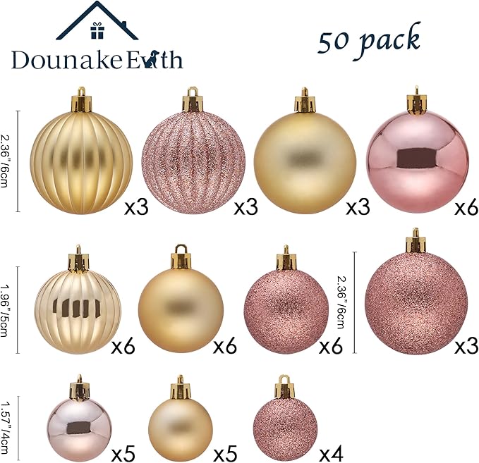 50ct Christmas Balls Ornaments for Xmas Tree, Pink and Gold Shatterproof Christmas Tree Decorations Hanging Ball for Holiday Party Decor(1.57"-2.36")