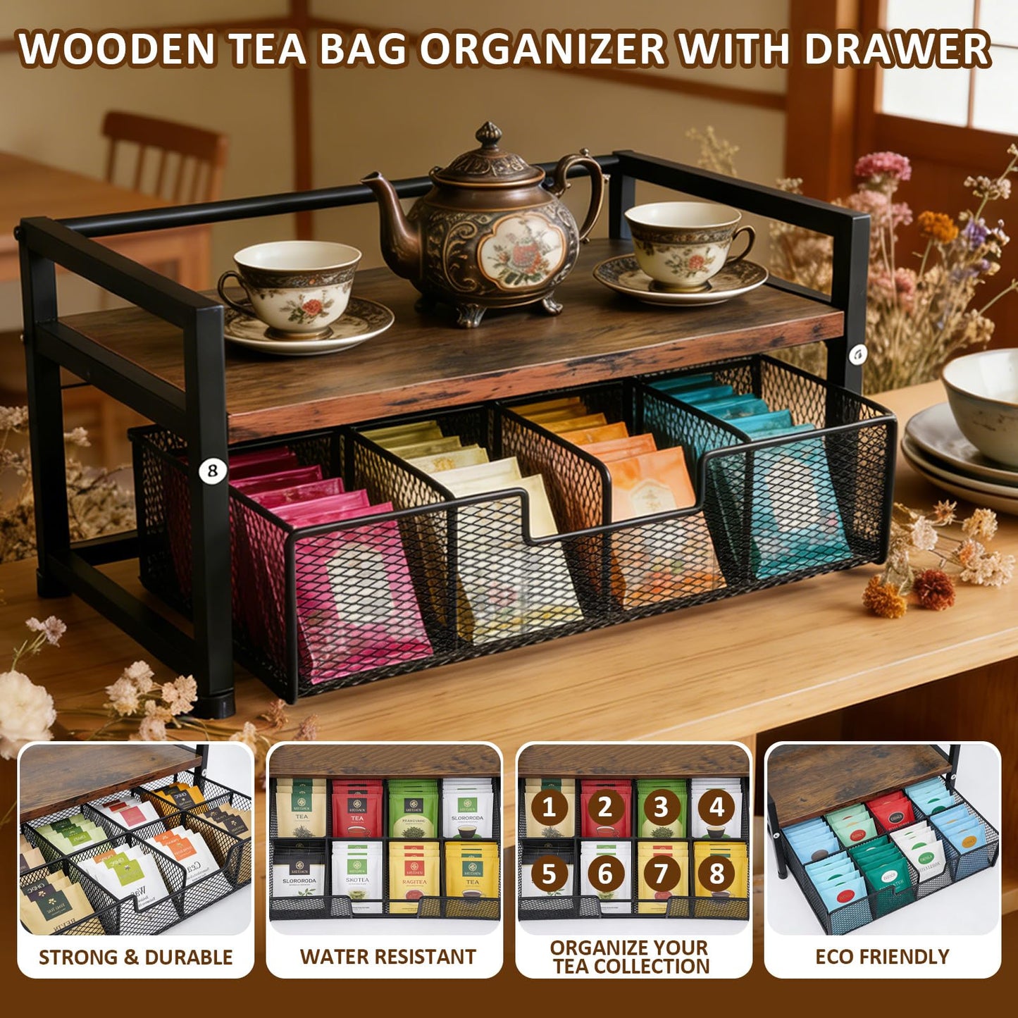 Tea Bag Holder, Tea Bag Organizer and Storage with Drawers, Tea Bags Organizer Natural Wood & Metal with 8 Compartments, Multi-Purpose Tea Rack Teabag Station Chest for Countertop, Kitchen, Office