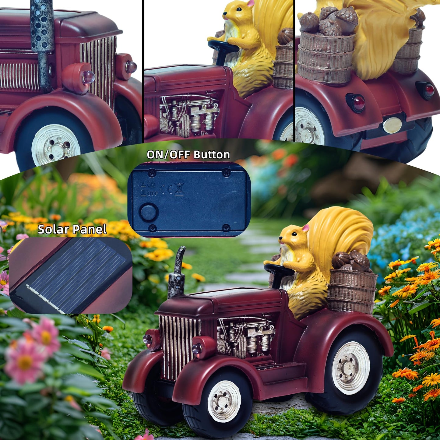 YUETJIN Solar Lighted Squirrel's Farm Tractor Statue, Outdoor Décor for Lawn Garden, Yard, Flower-Pool, Harvest Decoration, Gfit for Father