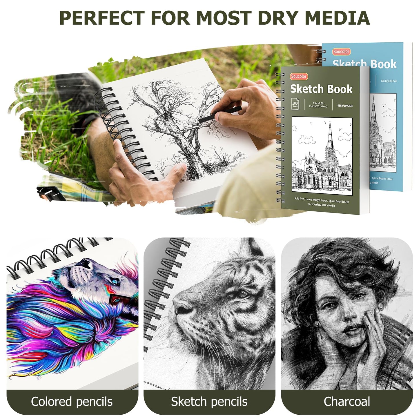 Soucolor 5.5" x 8.5" Sketchbook Pack of 2, 200 Sheets Blank Journal Notebook, A5, Spiral Bound Sketch Pad Drawing Book Acid-Free Paper (68lb/100gsm), Painting Sketching Drawing Notebook Art Supplies