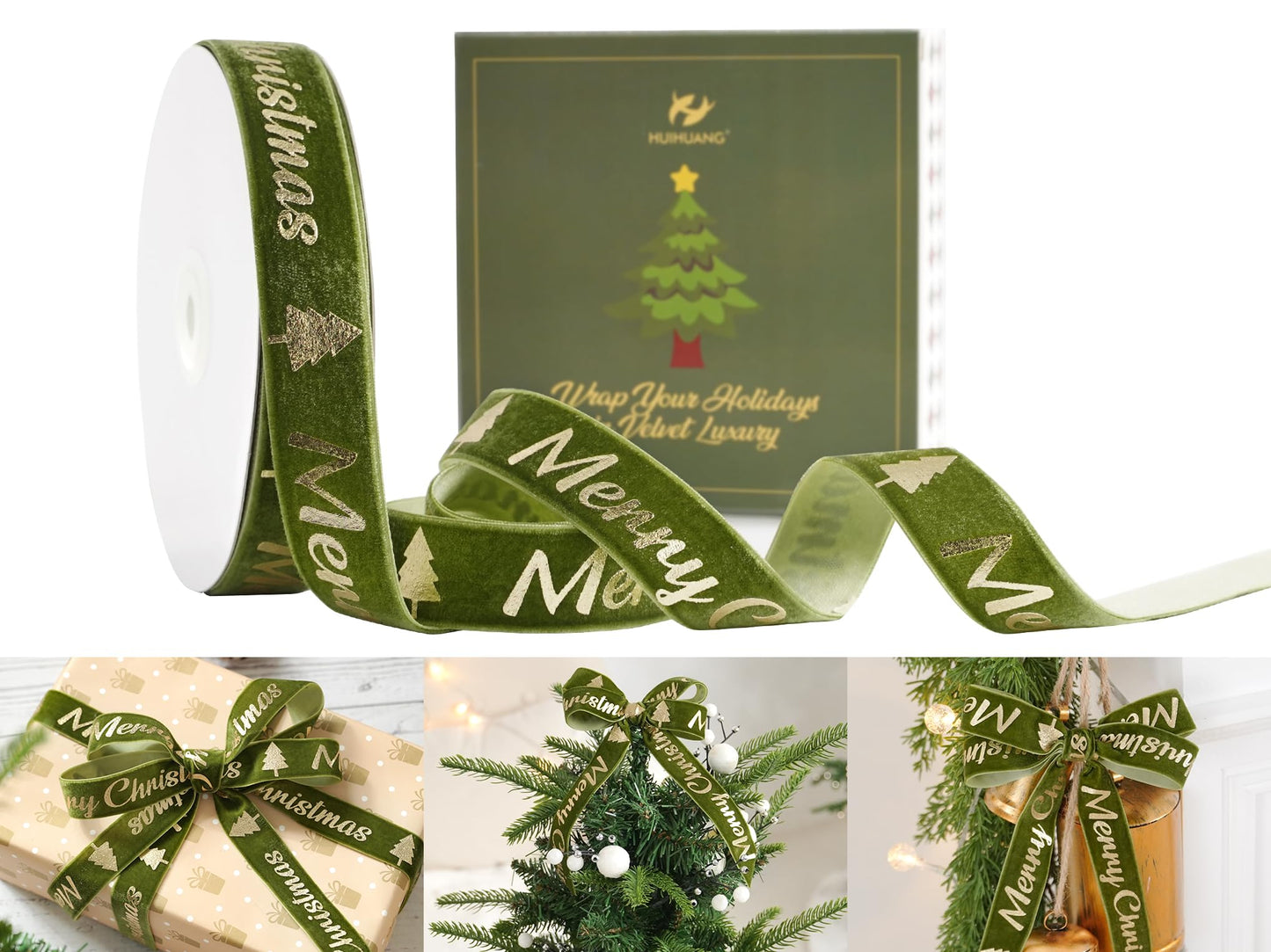 HUIHUANG Christmas Velvet Ribbon 1 inch Moss Green Velvet with Gold Merry Christmas Tree Ribbon for Gift Wrapping, Tree Ornaments, Wreaths, Garlands, DIY Crafts- Continuous 10 Yards