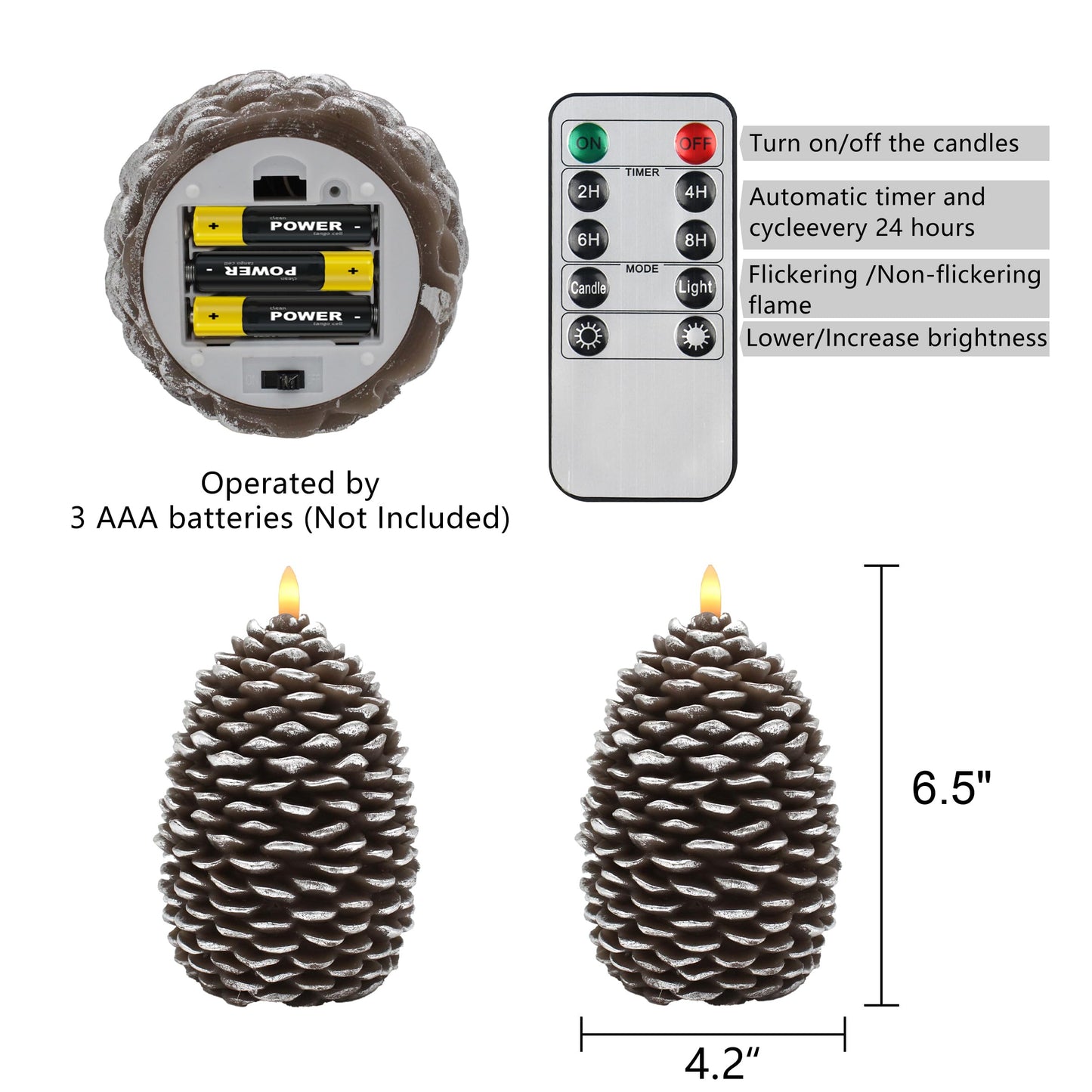 CVHOMEDECO. Pine Cone Candles Battery Operated Pinecones with Remote and Timer, Pine Cones Candle LED Flameless Flickering Candles for Fall, Christmas Decor. Silver-Brown, H 6.5 Inch, Pack of 2