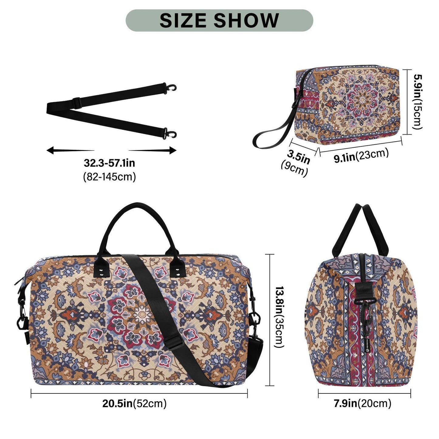 Aflyko Travel Duffel Persian Carpet Tribal Mandala Sport Tote Gym Weekender Overnight for Men Women Flight Approved Carry On Fitness Dance Go-To Daily, Medium