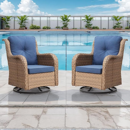 Rilyson Patio Chairs Rocking Swivel Chiar - 2 Piece Outdoor Patio Wicker Rattan Furniture Chairs Set with High Back and Deep Seating for Outside Porch Deck(Yellow/Blue)
