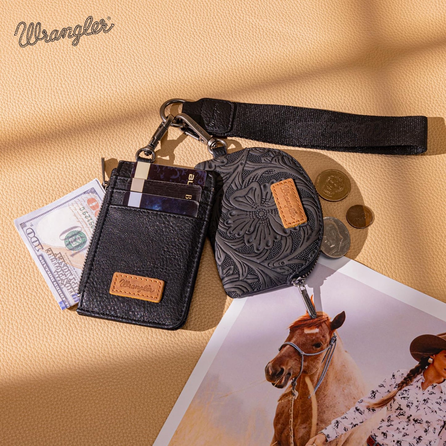 Montana West Wrangler KeyChain Wristlet Wallets for Women Western Dual Pouch Wristlet Embroidered Boot Scroll Card Holder Wallet With Zipper