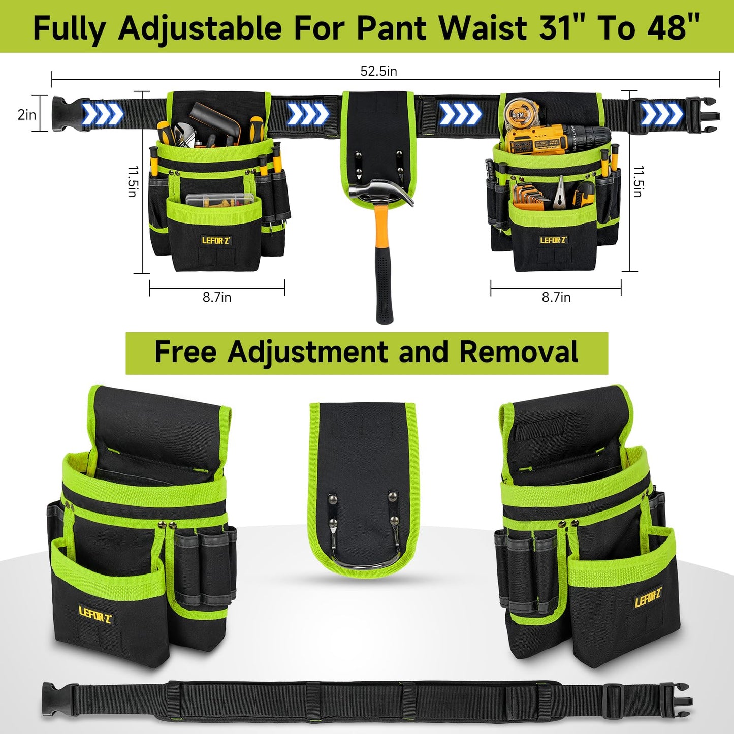 Tool Belt,Magnetic Tool Pouch,27-Pockets Heavy Duty Tool Belts for Men,Detachable Tool Pouch Bag for Electrician,Carpenter,Construction,Work Apron,Utility Belt,Valentines Day Gifts for Men,Black,Green