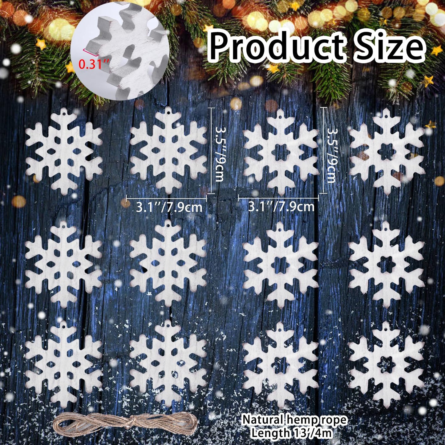 12Pcs Wooden Snowflake Ornaments for Christmas Tree, Rustic Snowflake Decorations with Jute Rope, Unfinished Wood Snowflakes Cutouts for Holiday DIY Crafts, Farmhouse Xmas Decor (12pcs)