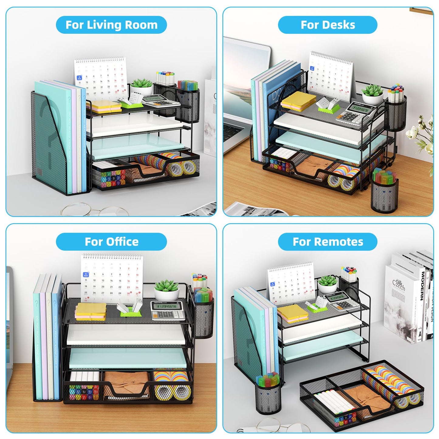Marbrasse Desk Organizer and Accessories，4-Tier Paper Letter Tray Organizer with File Holder, Desk Accessories & Workspace Organizers with Drawer and 2 Pen Holder (Black, 15.4" x 9.1" x 8.3")
